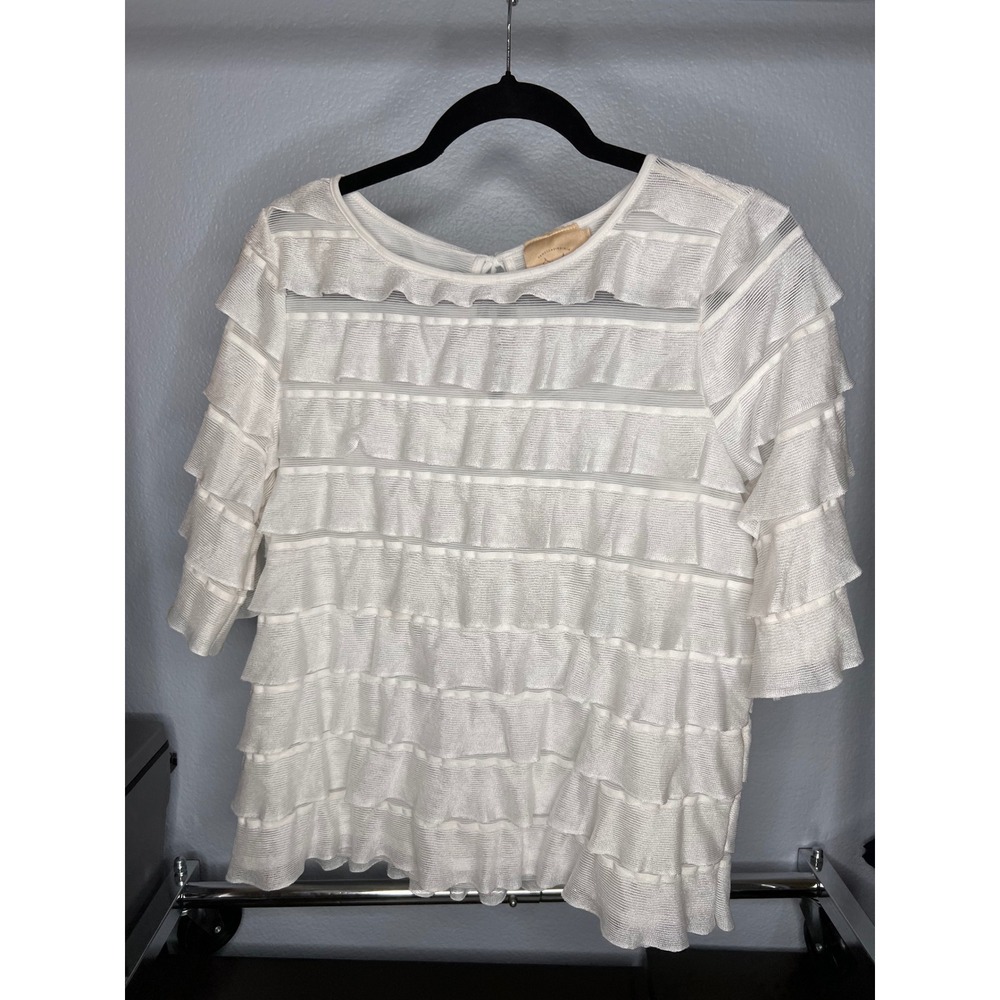 Vanessa Virginia Anthropologie White Tiered Ruffle Mesh Blouse L Elbow Sleeve